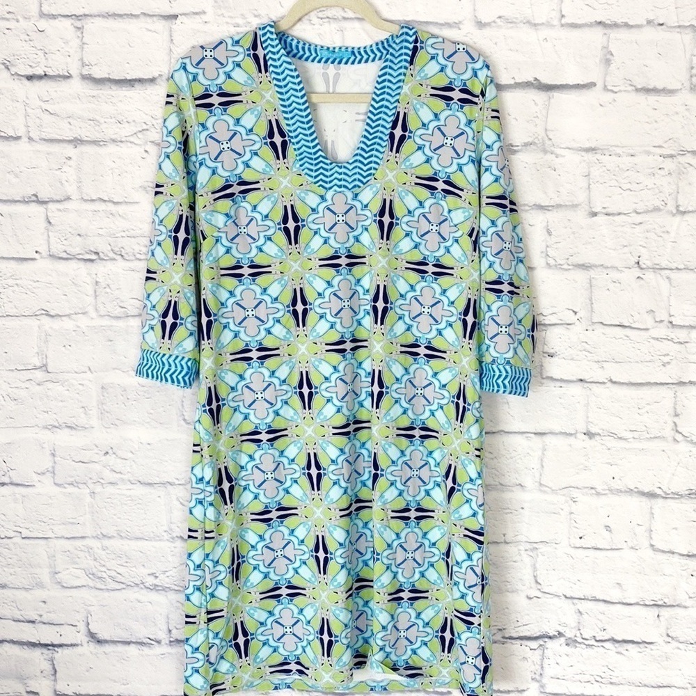 J. McLaughlin blue green geometric print u-neck Catalina cloth shift dress large